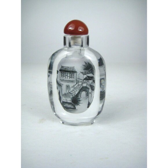Hand Painted Chinese Reverse Glass Snuff Bottle Red Agate Lid - Picture 3 of 9